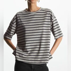 COS Relaxed Fit Striped Boxy T-Shirt Cotton Short Sleeve Crew Gray Black Size M
